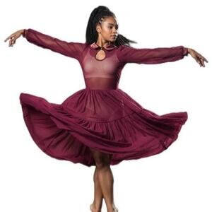 Double Platinum Burgundy wine Sheer Ruffled Tiered Long Sleeve Dress Adult M